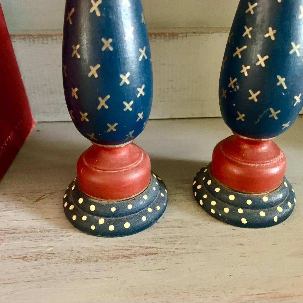 Vintage Hand painted wooden Folk Art Candle Sticks 9” Red Blue Gold Cottagecore